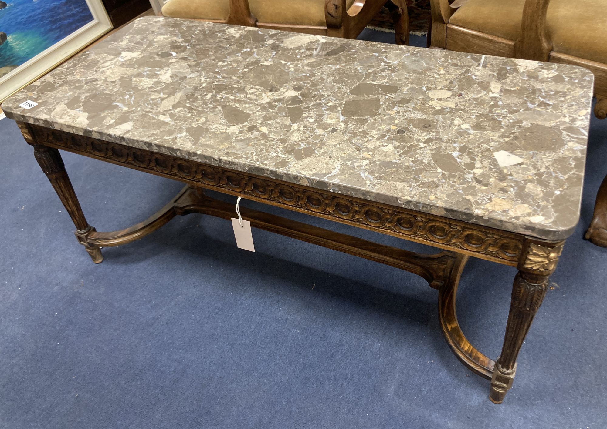 A French Louis XVI style marble topped stained beech occasional table, width 102cm, depth 46cm, height 45cm